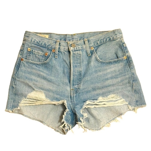 LEVIS 501 Blue Distressed Ripped Highwaisted Shorts SZ 29 Like NEW - Picture 4 of 8